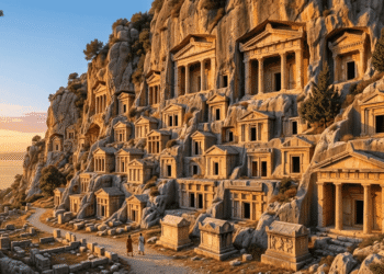Tumbas licias. Necrópolis licia con tumbas hipogeas talladas en acantilado rocoso, mostrando fachadas tipo templo con columnas y pórticos (siglos VI-IV a.C., Janto, Anatolia occidental).