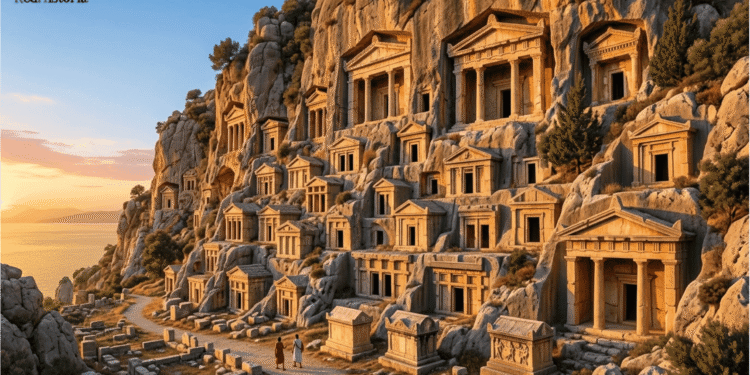 Tumbas licias. Necrópolis licia con tumbas hipogeas talladas en acantilado rocoso, mostrando fachadas tipo templo con columnas y pórticos (siglos VI-IV a.C., Janto, Anatolia occidental).