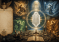 Ars Almadel: los cuatro arcángeles (Michael en oro, Gabriel en azul, Rafael en verde, Uriel en naranja) rodeando un almadel central de cera blanca con símbolos hebreos. Círculo mágico astrológico, velas encendidas en las esquinas, grimorio abierto, arquitectura sagrada y luz divina.