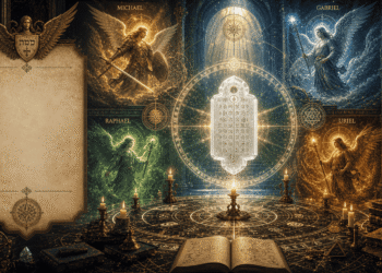 Ars Almadel: los cuatro arcángeles (Michael en oro, Gabriel en azul, Rafael en verde, Uriel en naranja) rodeando un almadel central de cera blanca con símbolos hebreos. Círculo mágico astrológico, velas encendidas en las esquinas, grimorio abierto, arquitectura sagrada y luz divina.