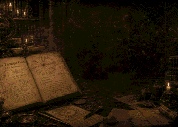 Ars Theurgia Goetia abierto mostrando diagramas astrológicos de las 24 horas y correspondencias planetarias. Alrededor, manuscritos antiguos, esferas armilares, globo celestial y símbolos astrológicos proyectados. Velas encendidas iluminan la investigación.