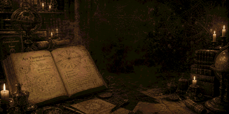 Ars Theurgia Goetia abierto mostrando diagramas astrológicos de las 24 horas y correspondencias planetarias. Alrededor, manuscritos antiguos, esferas armilares, globo celestial y símbolos astrológicos proyectados. Velas encendidas iluminan la investigación.