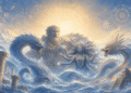 Entidades cósmicas primordiales de siete tradiciones: Shakti en centro, rodeada de dragones primordiales - Jörmungandr (mitología nórdica), Apofis (mitología egipcia), Longwang (mitología china), Ananta Shesha (mitología hindú). Símbolos: zodíaco, sánscrito, caracteres chinos, OM, ruedas herméticas, jeroglíficos. Poder primordial femenino. Caos primordial oceánico. Cosmología mundial antigua
