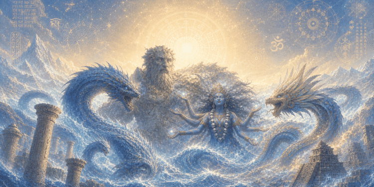 Entidades cósmicas primordiales de siete tradiciones: Shakti en centro, rodeada de dragones primordiales - Jörmungandr (mitología nórdica), Apofis (mitología egipcia), Longwang (mitología china), Ananta Shesha (mitología hindú). Símbolos: zodíaco, sánscrito, caracteres chinos, OM, ruedas herméticas, jeroglíficos. Poder primordial femenino. Caos primordial oceánico. Cosmología mundial antigua