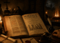 Ejemplar abierto del Malleus Maleficarum ante un tribunal inquisitorial con una hoguera al fondo