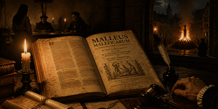 Ejemplar abierto del Malleus Maleficarum ante un tribunal inquisitorial con una hoguera al fondo
