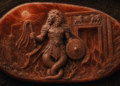 Amuleto antiguo de Abraxas. Cabeza de león, símbolo solar, serpiente del caduceo, armadura ornamentada. Representa la forma clásica de Abraxas en gemas greco-romanas de los siglos I-III d.C.