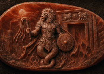 Amuleto antiguo de Abraxas. Cabeza de león, símbolo solar, serpiente del caduceo, armadura ornamentada. Representa la forma clásica de Abraxas en gemas greco-romanas de los siglos I-III d.C.