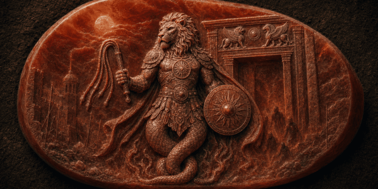 Amuleto antiguo de Abraxas. Cabeza de león, símbolo solar, serpiente del caduceo, armadura ornamentada. Representa la forma clásica de Abraxas en gemas greco-romanas de los siglos I-III d.C.