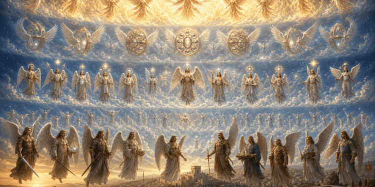 Jerarquía celestial de los nueve coros de ángeles organizados en tres niveles según la angelología: serafines de fuego en lo alto, arcángeles y ángeles principales en el nivel medio, y ángeles guerreros protegiendo la ciudad humana en el nivel inferior.