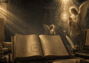 Una cámara medieval iluminada por luz dorada. En el centro, grimorio abierto mostrando páginas con texto en latín y notae (figuras geométricas complejas con símbolos astrológicos y hebreos). Dos ángeles luminosos flanquean el grimorio: uno en contemplación profunda, otro de pie con alas desplegadas. A la izquierda, pergaminos enrollados, velas encendidas y textos del Ars Notoria. A la derecha, símbolos hebreos proyectados (YHVH), sellos mágicos y referencias a Salmos y Proverbios. Luz celestial entra por ventana gótica, creando atmósfera de revelación divina.