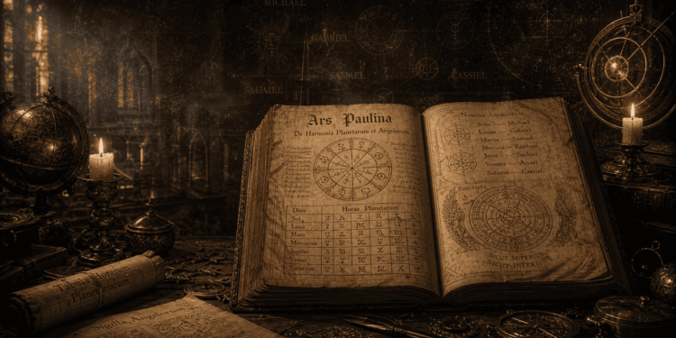 Ars Paulina abierto mostrando correspondencias entre ángeles y planetas. Michael (Sol), Gabriel (Luna), Samael (Marte), Raphael (Mercurio), Sachiel (Júpiter), Anael (Venus), Cassiel (Saturno). Tablas de horas planetarias, ruedas astrológicas proyectadas en el fondo, velas encendidas, esferas armilares.