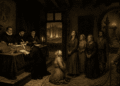 Tribunal de inquisidores juzgando a mujeres acusadas de brujería durante la caza de brujas medieval