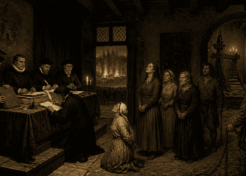 Tribunal de inquisidores juzgando a mujeres acusadas de brujería durante la caza de brujas medieval