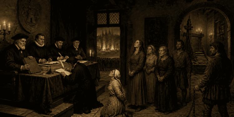 Tribunal de inquisidores juzgando a mujeres acusadas de brujería durante la caza de brujas medieval