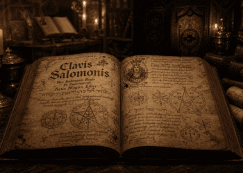 Clavis Salomonis abierto en una mesa ceremonial, mostrando páginas antiguas con texto en latín y hebreo, símbolos mágicos y pentagramas. Rodeado de velas encendidas, libros esotéricos, y artefactos ceremoniales en madera y latón.