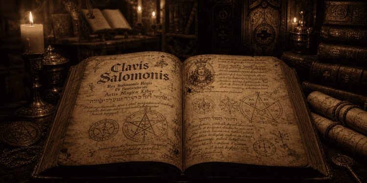 Clavis Salomonis abierto en una mesa ceremonial, mostrando páginas antiguas con texto en latín y hebreo, símbolos mágicos y pentagramas. Rodeado de velas encendidas, libros esotéricos, y artefactos ceremoniales en madera y latón.