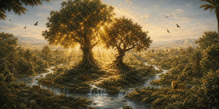 El jardín del Edén con los dos árboles centrales —el árbol de la vida luminoso y el árbol del conocimiento cargado de frutos— rodeados por el río primordial que se divide en cuatro brazos y animales conviviendo en armonía