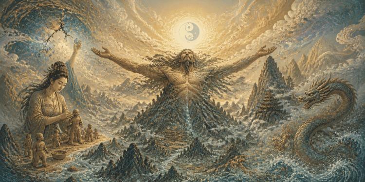 Entidades cósmicas chinas primordiales: Pangu sosteniendo el cosmos mientras su cuerpo se transforma en montañas y ríos, Nüwa moldeando la humanidad con barro y el dragón Long en las aguas