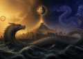 Cosmología del Cercano Oriente primordial: Dragones de orden (dorado, Tiamat, Leviatán) y caos (azul marino, Yam, Ahriman) rodean templo ziguurat. Océano primordial con serpientes cósmicas. Símbolos solares (Ahura Mazda), lunares, cuneiformes babilónicos, runas. Batalla perpetua entre orden divino y caos primordial. Arquitectura antigua mesopotamia defensiva contra potencias oceánicas primordiales.