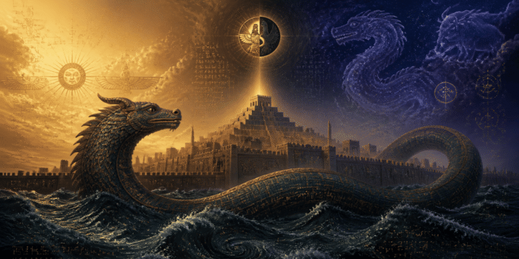 Cosmología del Cercano Oriente primordial: Dragones de orden (dorado, Tiamat, Leviatán) y caos (azul marino, Yam, Ahriman) rodean templo ziguurat. Océano primordial con serpientes cósmicas. Símbolos solares (Ahura Mazda), lunares, cuneiformes babilónicos, runas. Batalla perpetua entre orden divino y caos primordial. Arquitectura antigua mesopotamia defensiva contra potencias oceánicas primordiales.