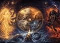 Representación de las entidades cósmicas hindúes: Shakti luminosa, Kali destructora, los cuatro Yugas y Ananta Shesha en el océano primordial