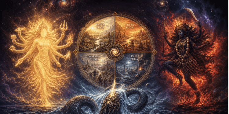 Representación de las entidades cósmicas hindúes: Shakti luminosa, Kali destructora, los cuatro Yugas y Ananta Shesha en el océano primordial