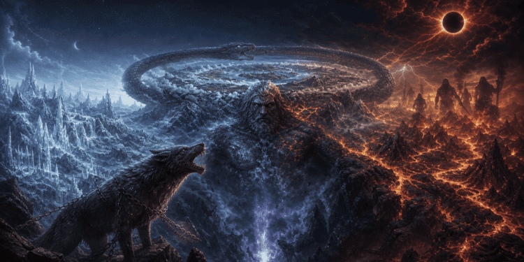 Representación de las entidades cósmicas nórdicas: Fenrir encadenado, Jörmungandr rodeando Midgard y la dualidad entre Niflheim y Muspelheim