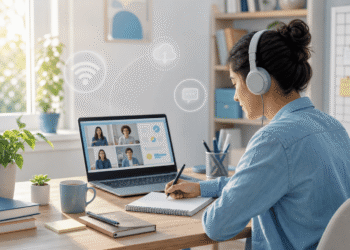 Estudiante con auriculares participando en una videoconferencia educativa online, tomando notas en su escritorio con libros y plantas estudiando educación a distancia.