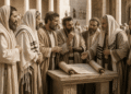 Maestros fariseos debatiendo la interpretación de la Torá alrededor de rollos, vistiendo talits rituales con franjas y filacterias, mostrando estudio dedicado de la Ley en el Templo de Jerusalén del Segundo Templo.