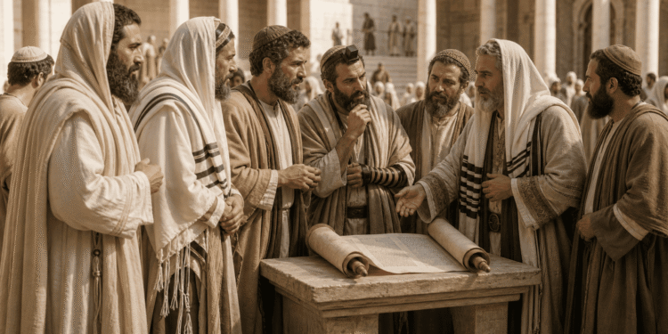 Maestros fariseos debatiendo la interpretación de la Torá alrededor de rollos, vistiendo talits rituales con franjas y filacterias, mostrando estudio dedicado de la Ley en el Templo de Jerusalén del Segundo Templo.
