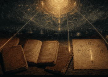 Textos de gnosticismo antiguos en griego con diagramas cósmicos, cosmología divina y figura radiante de la Mente Divina emanando luz sobre la realidad material en una atmósfera de misterio esotérico antiguo.