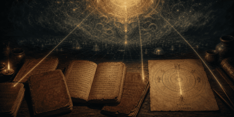 Textos de gnosticismo antiguos en griego con diagramas cósmicos, cosmología divina y figura radiante de la Mente Divina emanando luz sobre la realidad material en una atmósfera de misterio esotérico antiguo.