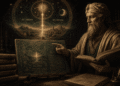 Maestro del hermetismo estudiando textos de sabiduría antigua con símbolos herméticos, cosmología de "como es arriba es abajo" y luz divina iluminando la correspondencia entre reinos celestiales y terrenales