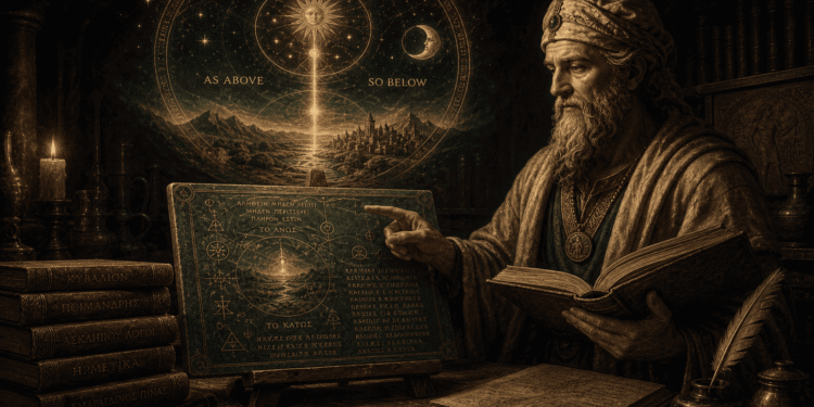 Maestro del hermetismo estudiando textos de sabiduría antigua con símbolos herméticos, cosmología de "como es arriba es abajo" y luz divina iluminando la correspondencia entre reinos celestiales y terrenales