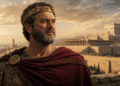 Herodes el Grande, rey de Judea, corona de laurel dorado, capa púrpura, mirada reflexiva contemplando su reino desde montaña, Templo de Herodes blanco y dorado visible de fondo, Jerusalén y mar abajo, paranoia y construcción 37-4 a.C.