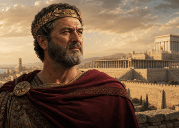 Herodes el Grande, rey de Judea, corona de laurel dorado, capa púrpura, mirada reflexiva contemplando su reino desde montaña, Templo de Herodes blanco y dorado visible de fondo, Jerusalén y mar abajo, paranoia y construcción 37-4 a.C.