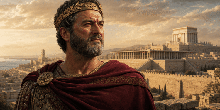 Herodes el Grande, rey de Judea, corona de laurel dorado, capa púrpura, mirada reflexiva contemplando su reino desde montaña, Templo de Herodes blanco y dorado visible de fondo, Jerusalén y mar abajo, paranoia y construcción 37-4 a.C.