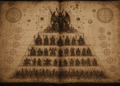 Jerarquía demoníaca representada como pirámide: Lucifer en la cúspide, seguido por príncipes demoníacos, duques, y legiones de demonios menores, rodeada de sellos mágicos y símbolos hermético.
