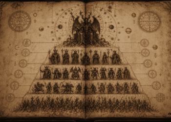 Jerarquía demoníaca representada como pirámide: Lucifer en la cúspide, seguido por príncipes demoníacos, duques, y legiones de demonios menores, rodeada de sellos mágicos y símbolos hermético.