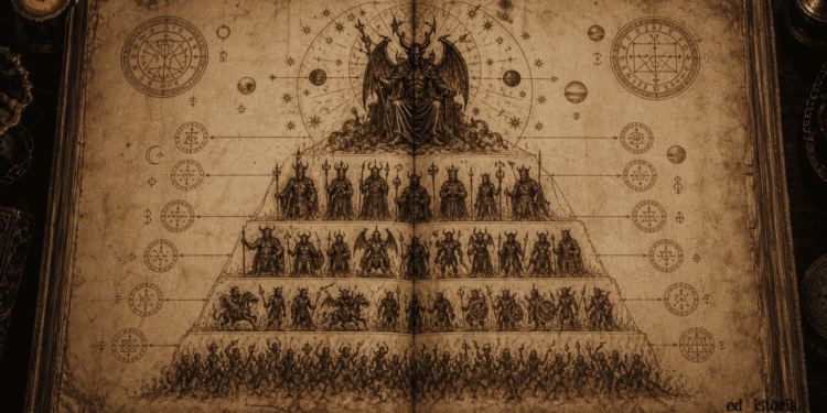 Jerarquía demoníaca representada como pirámide: Lucifer en la cúspide, seguido por príncipes demoníacos, duques, y legiones de demonios menores, rodeada de sellos mágicos y símbolos hermético.