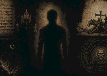La silueta del diablo en el centro, rodeada de símbolos de las tradiciones religiosas que debaten la identidad del diablo: hebreo, cristiano, islámico y gnóstico.