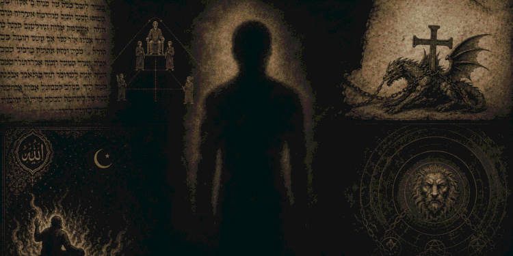La silueta del diablo en el centro, rodeada de símbolos de las tradiciones religiosas que debaten la identidad del diablo: hebreo, cristiano, islámico y gnóstico.