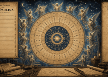 Rueda zodiacal del Ars Paulina con los 12 signos, ángeles celestiales y símbolos esotéricos del Lemegeton