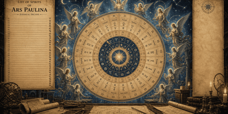 Rueda zodiacal del Ars Paulina con los 12 signos, ángeles celestiales y símbolos esotéricos del Lemegeton