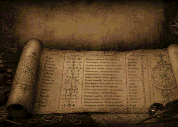 Grimorio abierto mostrando lista de demonios gobernadores del Ars Theurgia Goetia con nombres en latín (Bael, Agares, Vassago, Samigina, Marbas, Valefor, Amon, Barbatos, Paimon, Buer, Gusión, Sitri, Beleth, Leraie, Eligos, Zagan), sus sellos mágicos, virtudes y poderes, y clasificación jerárquica (Príncipes, Praesides, Ducales, Condes). Rodeado de símbolos astrológicos, velas, y papiros antiguos.