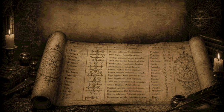 Grimorio abierto mostrando lista de demonios gobernadores del Ars Theurgia Goetia con nombres en latín (Bael, Agares, Vassago, Samigina, Marbas, Valefor, Amon, Barbatos, Paimon, Buer, Gusión, Sitri, Beleth, Leraie, Eligos, Zagan), sus sellos mágicos, virtudes y poderes, y clasificación jerárquica (Príncipes, Praesides, Ducales, Condes). Rodeado de símbolos astrológicos, velas, y papiros antiguos.