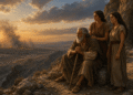Lot y sus dos hijas contemplando desde las montañas el humo de Sodoma destruida, con la cueva al fondo y la estatua de sal de la mujer de Lot a la derecha