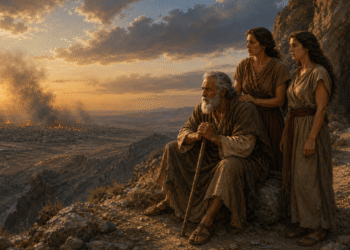 Lot y sus dos hijas contemplando desde las montañas el humo de Sodoma destruida, con la cueva al fondo y la estatua de sal de la mujer de Lot a la derecha