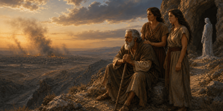 Lot y sus dos hijas contemplando desde las montañas el humo de Sodoma destruida, con la cueva al fondo y la estatua de sal de la mujer de Lot a la derecha